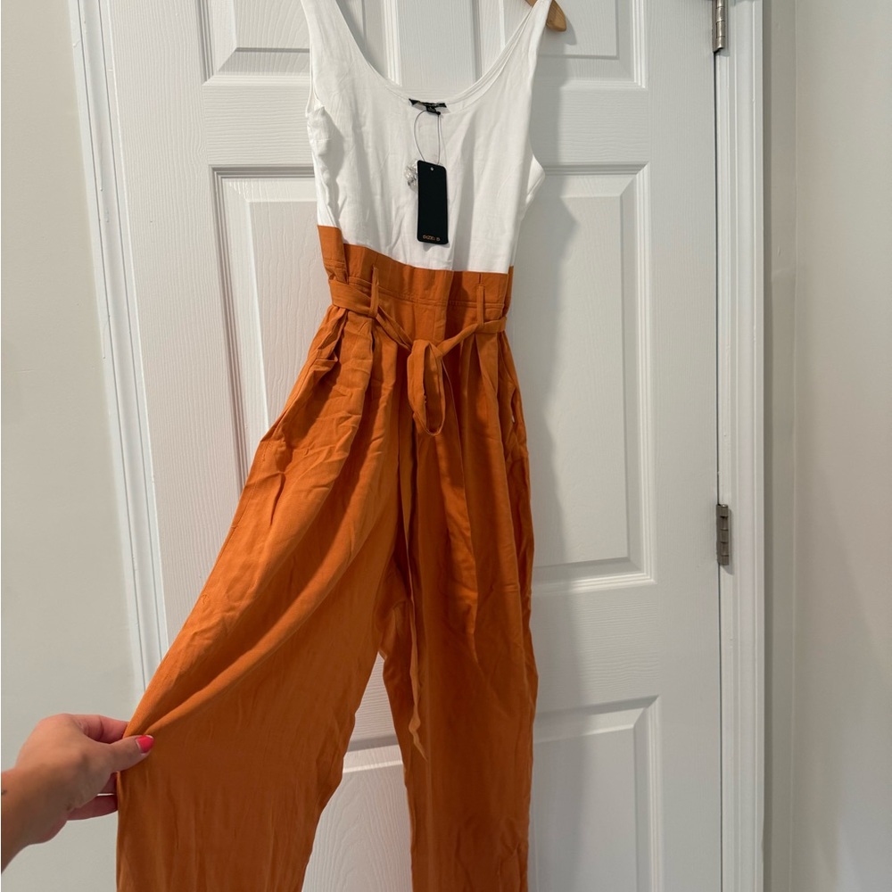 Shinestar Two-Tone Jumpsuit in Orange and White
